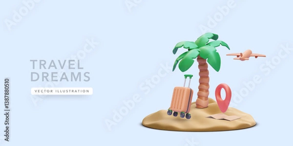 Fototapeta Travel, Vacation and Summer Concept Featuring 3D Palm Tree, Suitcase, Map Pin and Airplane on Island. Perfect for Tourism and Beach Getaway Themes. Vector Illustration.