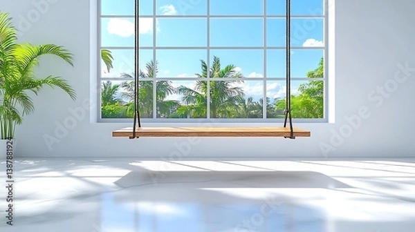 Fototapeta Minimalist Mockup of a Wooden Swing Hanging in a Bright Window with Gradient Shadows