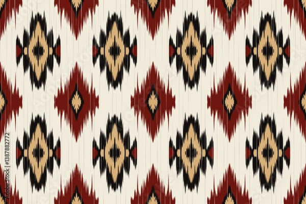Fototapeta Seamless Ikat pattern with bold tribal diamond motifs in red, black, and beige. Traditional textile-inspired design for fabric, wrapping paper, wallpaper, and ethnic crafts.