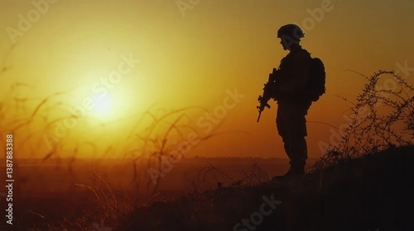 Fototapeta an American soldier on patrol in a desert environment, likely in the Middle East.