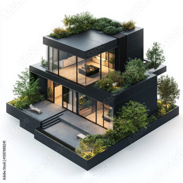 Fototapeta Modern Minimalist Black House with Garden and Rooftop