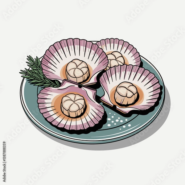 Fototapeta Scallops on Half Shell with Lemon and Parsley Garnish