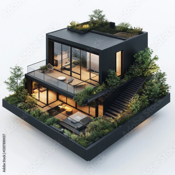 Fototapeta Modern Minimalist Black House with Garden and Rooftop