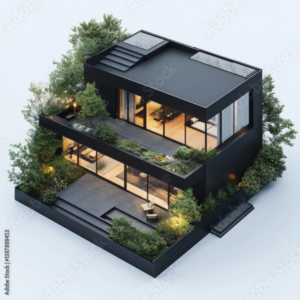 Fototapeta Modern Minimalist Black House with Garden and Rooftop