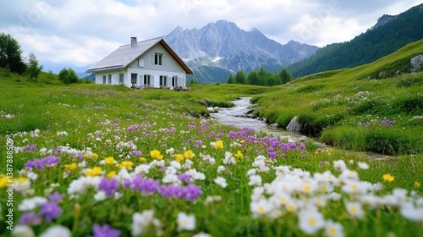 Fototapeta A white house sits in a vibrant meadow, wildflowers blooming in the foreground. A stream flows past, leading to mountainous scenery. The image is high-quality, with natural lighting creating a tranq