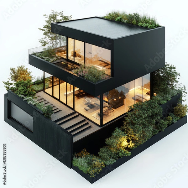 Fototapeta Modern Minimalist Black House with Garden and Rooftop