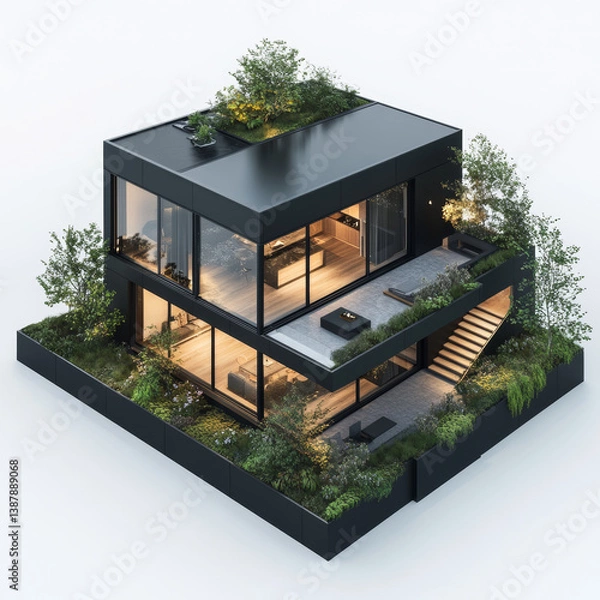 Fototapeta Modern Minimalist Black House with Garden and Rooftop