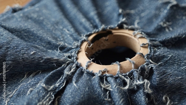 Fototapeta A Large Hole in Worn Blue Denim Fabric: The Story of Wear and Tear