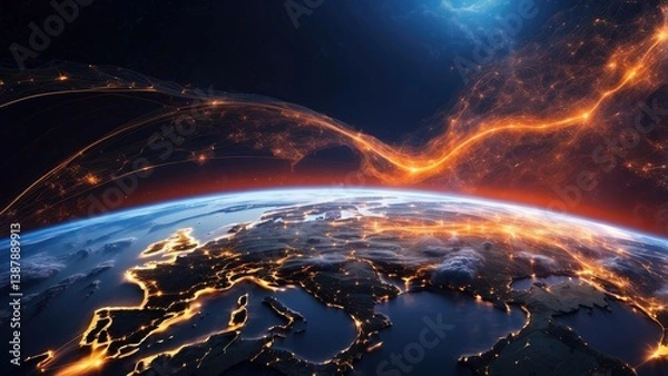 Fototapeta A view of Earth from space at night with illuminated cities connected by bright orange lines representing data connections and network activity.