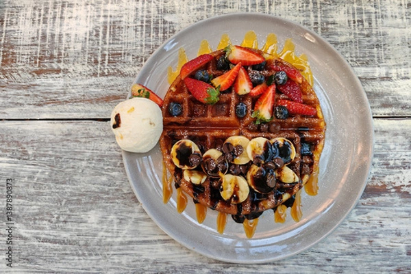 Fototapeta top view dessert of waffles with vanilla ice cream and fruit.