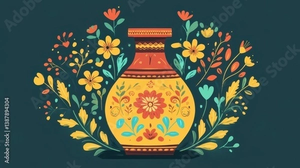 Obraz Colorful Floral Vase with Vibrant Flowers and Leaves