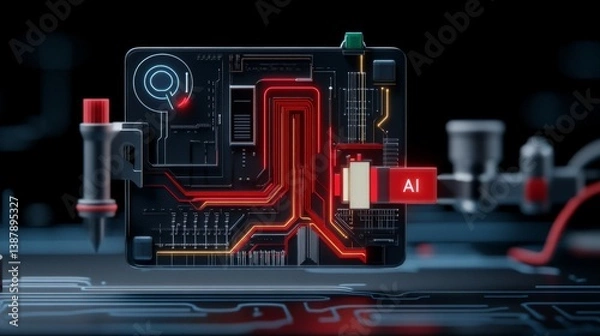 Fototapeta Abstract Circuit Board Design with AI Elements and Red Features
