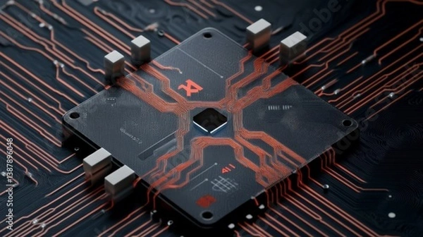 Fototapeta Futuristic Microchip Design with Circuit Patterns and Red Accents