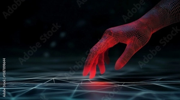 Fototapeta Futuristic Red Wireframe Hand Reaching Towards Digital Network Surface