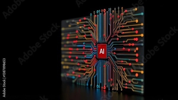Fototapeta Abstract Circuit Board with AI Chip and Colorful Energy Lines