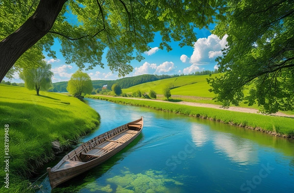 Fototapeta The scene captures a classic wooden boat resting on the water, surrounding a tranquil river bordered by lush green hills and vibrant trees.