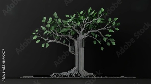 Fototapeta Digital Tree with Circuit Board Roots and Lush Green Leaves