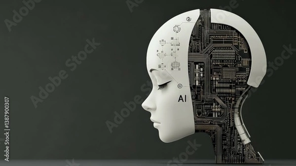 Fototapeta Futuristic Robot Head with Artificial Intelligence Circuitry Design