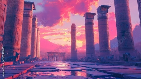 Fototapeta scene featuring hieroglyphics on palace walls, rendered with vibrant hues,temple