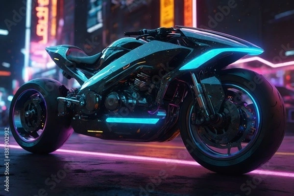 Fototapeta futuristic fast speed tron style motorcycle in digital cybernetic galactic galaxy metaverse neon city