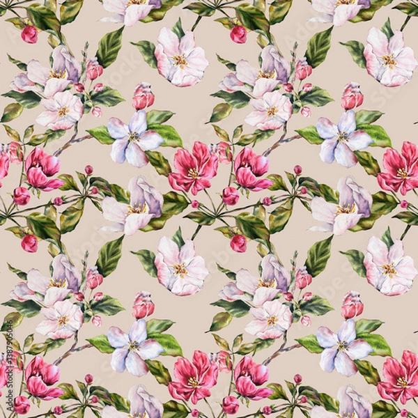 Fototapeta Watercolor seamless pattern apple tree branch with blooming pink flowers, green leaves, and buds. Hand painted botanical set for invitations, cards, spring designs, packaging, textile, wrapping paper