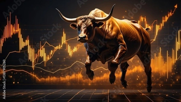 Fototapeta A powerful bull with large horns is depicted mid-leap against a backdrop featuring a glowing orange upward-trending line and abstract financial charts.