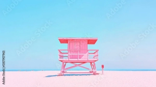 Fototapeta Pastel pink lifeguard tower on a pristine beach under a clear blue sky.