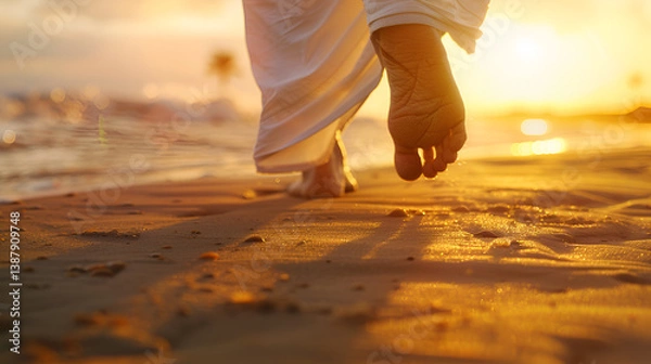 Fototapeta Close-up of Jesus' Feet Walking on Sand Toward the Horizon