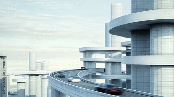 Fototapeta Futuristic motorway hight way multi-storey junction, flyover visualisation
