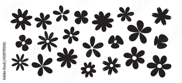 Fototapeta Spring flower icon, cute summer plant, retro black sticker daisy, groovy chamomile, simple vintage camomile element, floral doodle set isolated on white background. Abstract modern vector illustration