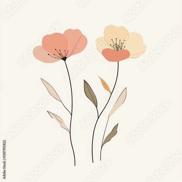 Fototapeta Two delicate floral illustrations depict elegant blossoms and leafy stems