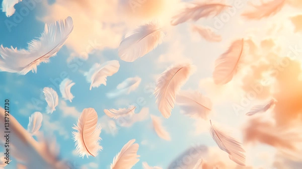 Fototapeta Floating feathers in the air, symbolizing lightness and deep breathing, surreal dreamlike setting, soft pastel colors, ultraHD artistic composition
