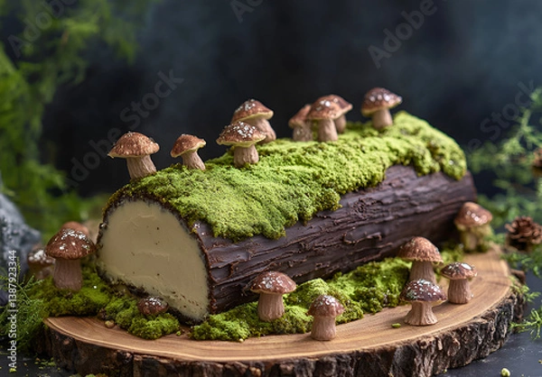 Fototapeta Chocolate Yule Log Cake with Mushrooms and Moss