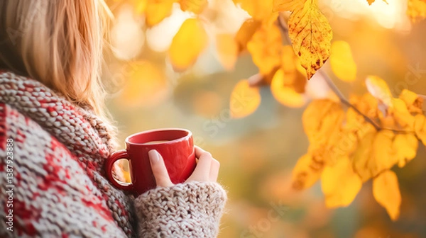 Fototapeta Autumn morning tranquility, woman holding a red mug, wrapped in a knitted shawl, soft bokeh background of yellow and orange leaves, peaceful and cozy vibes