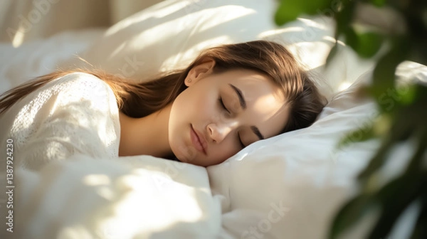 Fototapeta A woman peacefully sleeping in a white bed, relaxed expression, soft bedding, morning light gently illuminating her face, calm and restful atmosphere