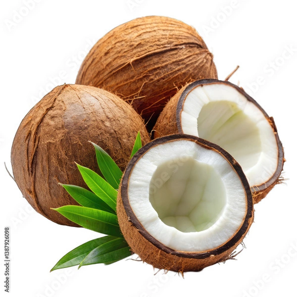 Obraz Fresh Coconuts: Whole & Halved - Tropical Fruit isolated on transparent background