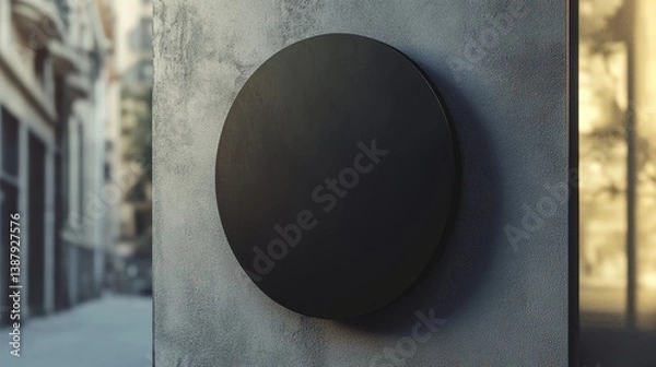 Obraz Blank round black signboard on the wall outdoor, mock up for logo design, brand presentation for companies, shops.
