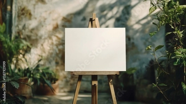 Obraz blank white welcome sign on an easel for a modern boho wedding - mockup template.