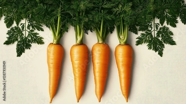 Obraz A group of four large, orange carrots with their green leafy tops intact, placed side by side, isolated on a white background.


