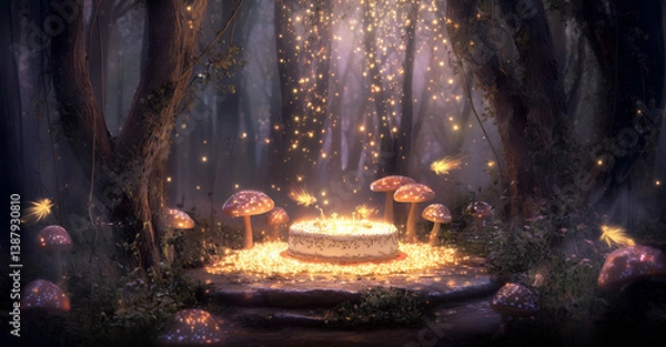 Fototapeta Enchanted Forest Birthday Cake with Fireflies