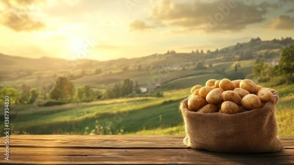Obraz Fresh potatoes in burlap sack on wooden table, idyllic sunset landscape background.
