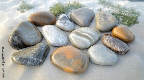 Obraz A handful of polished river stones arranged on light sand with green lichen.

