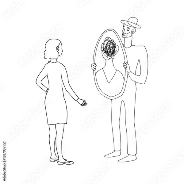 Fototapeta Vector line art showing gaslighting in a relationship: man holding a mirror where a woman’s reflection reveals a tangled mind, symbolizing psychological abuse and emotional confusion.