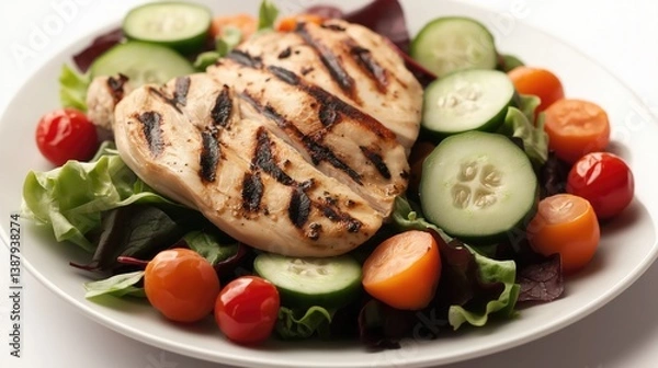 Obraz Grilled chicken breast served on a fresh garden salad with tomatoes and cucumbers.