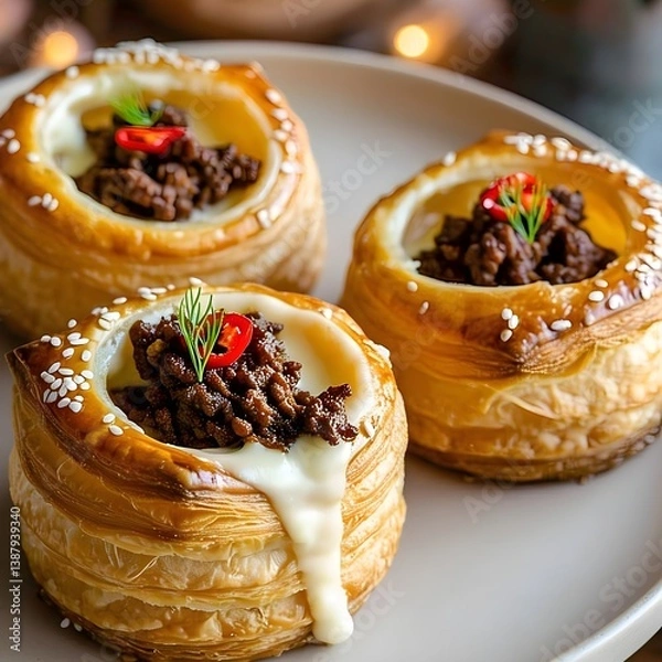 Obraz elegant savory puff pastry vol-au-vent cups, filled with creamy white béchamel sauce, and 
dark brown rendang meat filling