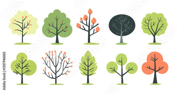 Obraz Set of tree and leaf collection hand drawn flat design vector element. botanical set of bare trees and ones with leaves and lush green