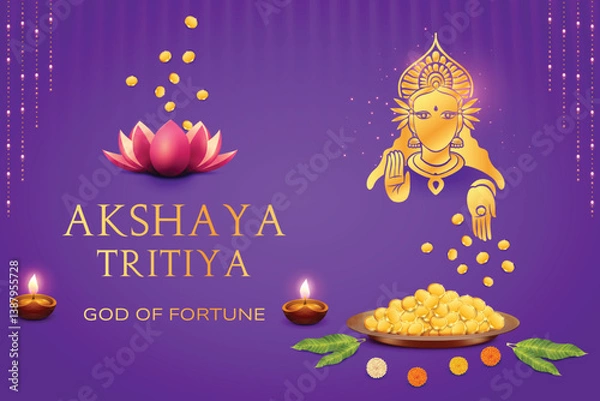 Obraz Goddess Lakshmi Blessing Fortune Plate Filled With Gold Coins on Purple Background. Akshaya Tritiya Festival Celebration Vector Illustartion For E-commerce, Festive Sale Offer Etc.