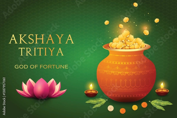 Obraz Akshaya Tritiya Festival Celebration Banner Pot Filled With Fortune Gold Coins on Green Background. Vector Illustartion For Indian Festival Grand Jewellery Sale E-commerce, Festive Sale Offer Etc.
