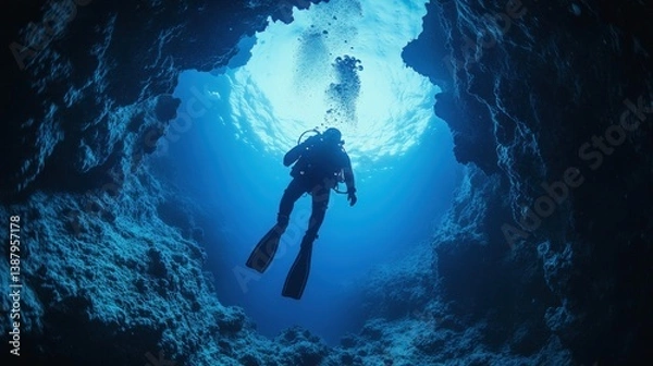 Fototapeta A deep-sea diver exploring an underwater cave, mental focus and control --ar 16:9 --v 6.1 Job ID: 6ee7f24f-b367-42c8-a0e2-9bfc8f01661b