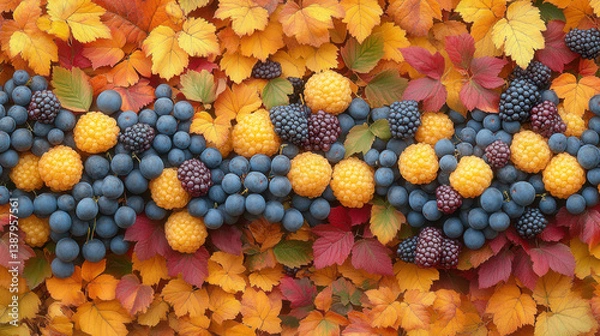 Fototapeta A stunning display of colorful berries resting on vibrant fall leaves, showcasing the beauty of autumn harvest. Perfect for seasonal themes and recipes.